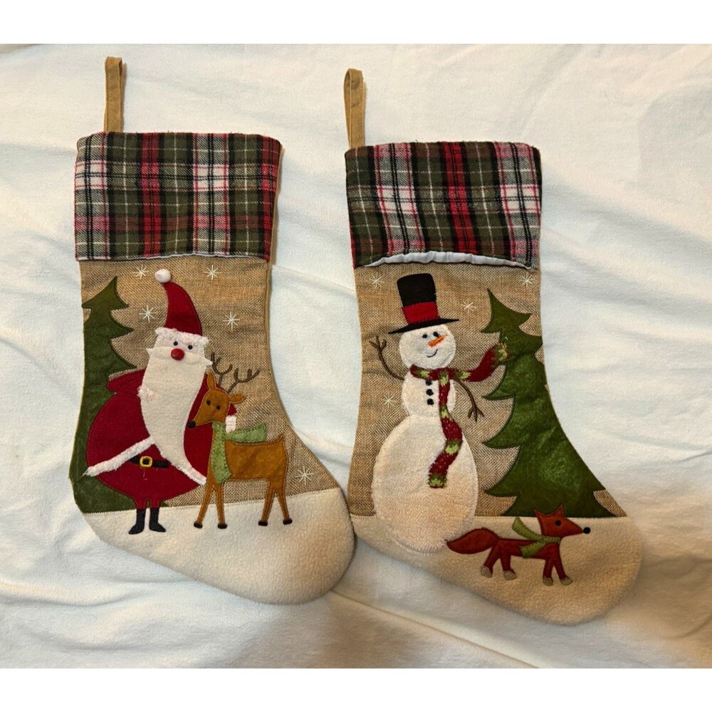 Hobby Lobby Set of 2 Christmas Stockings Santa Snowman Reindeer Plaid 18